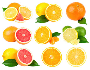 Obraz premium Assortment Of Citrus Fruits Displayed With Green Leaves Against A Transparent Background Emphasizing Freshness Juiciness And Variety Of Colors Including Orange Lemon Grapefruit And Lime