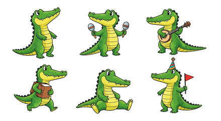 Obraz premium Six cartoon alligators in different poses: standing, playing maracas, playing a banjo, wearing a backpack, sitting, and holding a party flag.