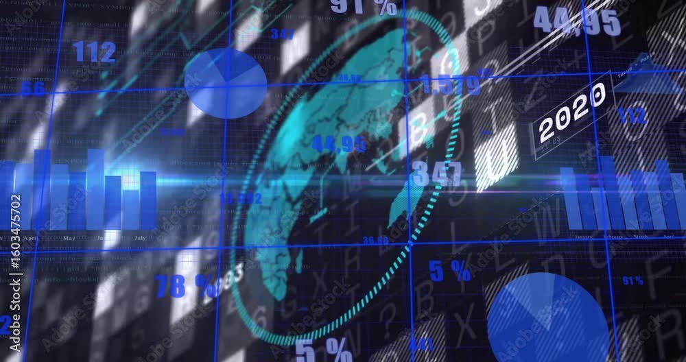 Poster on loading, 3d render globe rotating while bar charts and percentages updating to show data trends