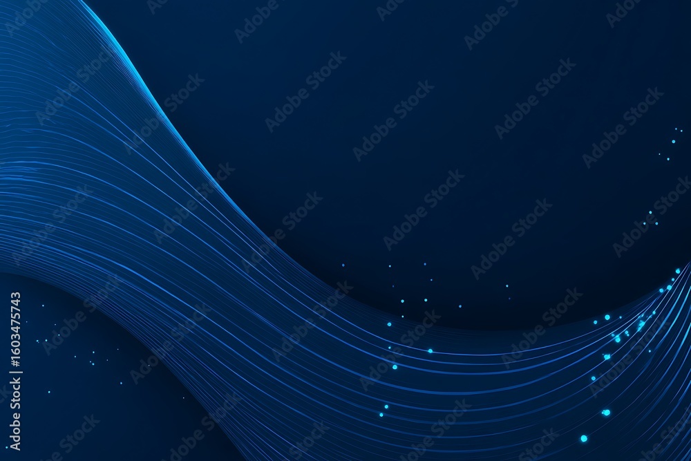 Poster digital waveform of flowing particles in deep blue nebula with subtle glowing effects and atmospheri