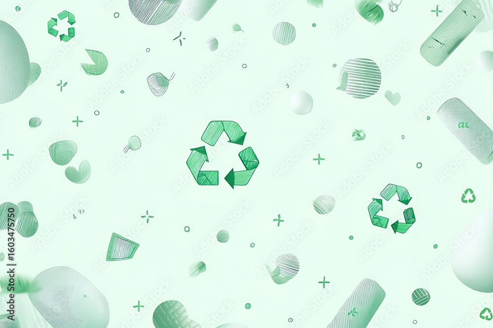 Poster abstract geometric shapes and recycling symbols floating in a soft mint green gradient background cr