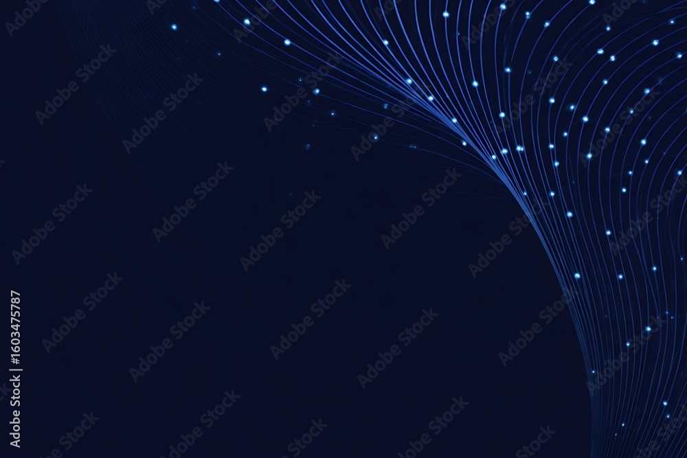 Fototapete Abstract glowing blue lines and particles forming a dynamic flow on a dark navy background creating a sense of digital network connectivity and advanced technology concepts