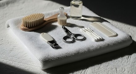 Baby grooming kit arranged on a white towel, including a brush, nail clippers, scissors, cotton swabs, and oil.