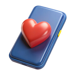 Red heart resting on a closed blue mobile phone against a black background