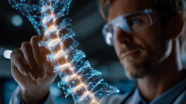Analyzing Spine Anatomy: A scientist in a laboratory meticulously examines a digital 3D model of a human spine. - Powered by Adobe