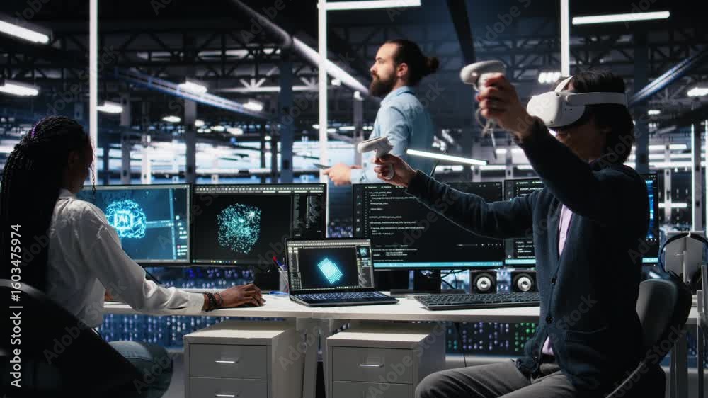 Poster data center engineer using virtual reality, managing ai systems for uptime and efficiency. it employ