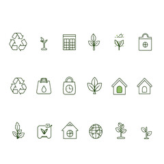 Eco Lifestyle Icon Pack – 16 Flat Minimal Line Icons on White Background – Recycle, Solar, Compost, Green Living