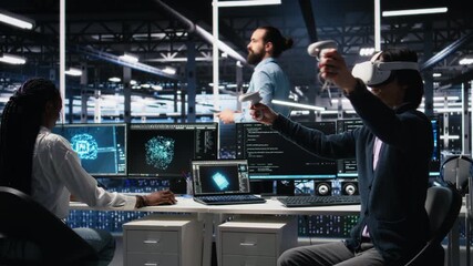 Data center engineer using virtual reality, managing AI systems for uptime and efficiency. IT employee using VR headset and artificial intelligence technology in server hub, camera A - Powered by Adobe