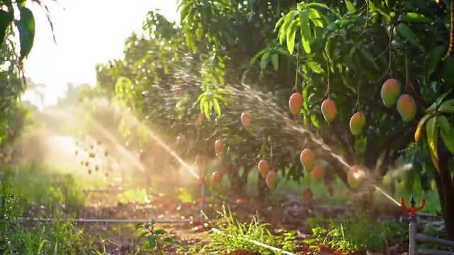 Mango Orchard Irrigation System With Fruitful Harvest And Sun Light