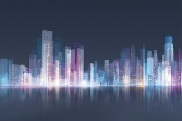Obraz premium Futuristic Cityscape with Glowing Buildings Reflecting on Water at Night