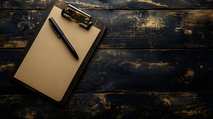 A clipboard with blank beige paper and a black pen on a dark wooden surface.