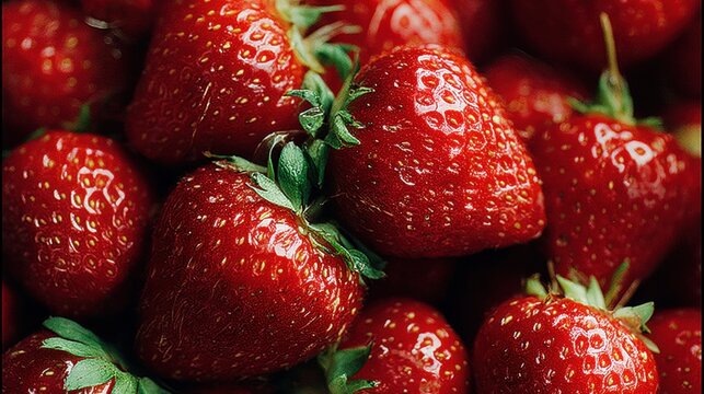 Fresh ripe strawberries with green leaves close-up highlighting juicy red fruit and textured surface for healthy snack or dessert ingredients