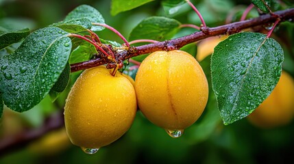 Fresh yellow plums hanging on a branch with green leaves covered in rain droplets, close-up of ripe juicy fruit in natural outdoor setting