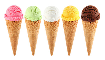 Five Various Flavored Ice Cream Cones in a Row with Strawberry Mint Vanilla Chocolate and Yellow on Transparent Background