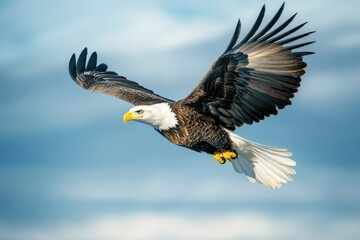 Obraz premium A majestic bald eagle with outstretched wings soars against a softly blurred blue sky with clouds