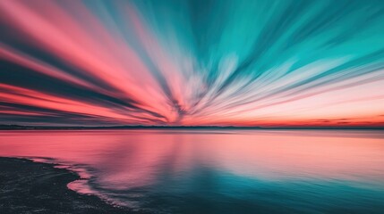 Streaky pink and teal sunset clouds over a calm ocean with a dark shore