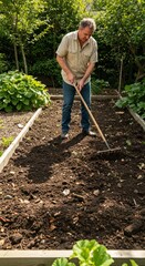 Man rakes garden bed
