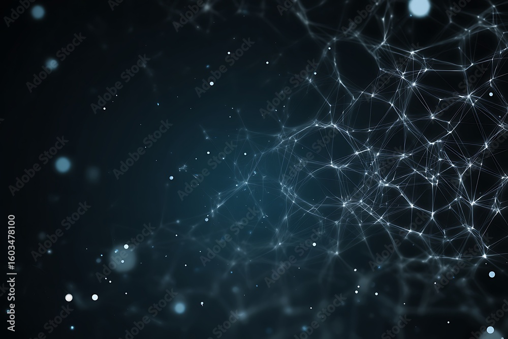 Poster intricate network of glowing connections spreading across a dark futuristic backdrop with floating p