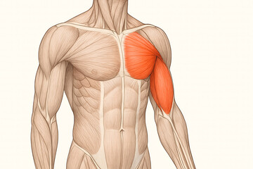 2d style upper human body anatomy, with chest and bicep highlighted in red