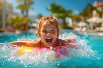 Joyful young girl swimming with colorful floatie in outdoor pool smiling wide du sunny summer day with trees and umbrellas