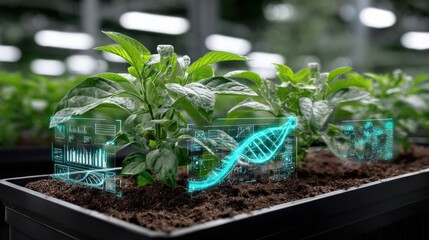 Indoor garden with lush green leafy plants in a modern greenhouse featu digital holographic data overlays and futuristic analytics for plant health