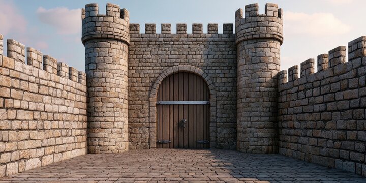 Imposing stone castle entrance with flanking round towers and parapet walls
