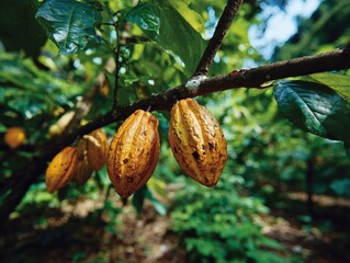 Fototapeta premium Close-up of ripe cacao pods hanging from a branch surrounded by lush green leaves in a tropical rainforest environment for chocolate production