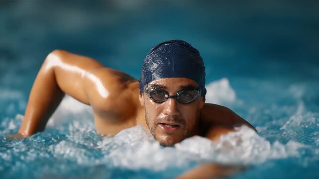 A high-energy capture of a focused swimmer performing the butterfly stroke in a swimming pool, highlight the power and determination of athleticism and sport.