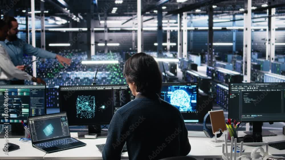 Poster data center system administrator managing ai systems for uptime and efficiency. it employee using ar