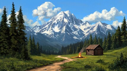 A wooden cabin sits beside a campfire in a grassy meadow with a snow capped mountain range in the background