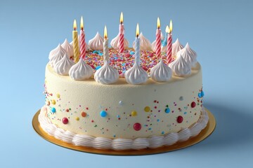 Elegant round birthday cake decorated with colorful sprinkles and lit candles on a gold platter against a pastel blue background