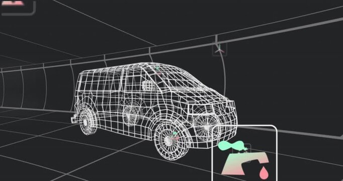 On animation start wireframe van model showing environmental metrics with icons pulsing, clustering