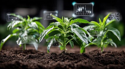Close-up of young green cannabis plants growing in rich dark soil with digital hologram data overlays and futuristic technology interface