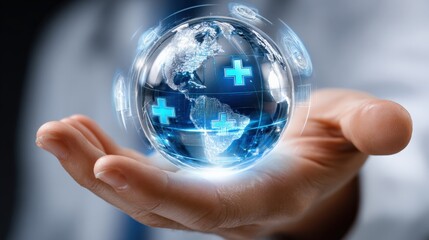 Futuristic medical technology concept with digital earth globe surrounded by blue medical cross symbols and healthcare icons in a health innovation scene
