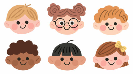 Cute and diverse set of cartoon children faces in flat style. Perfect for educational and multicultural projects.