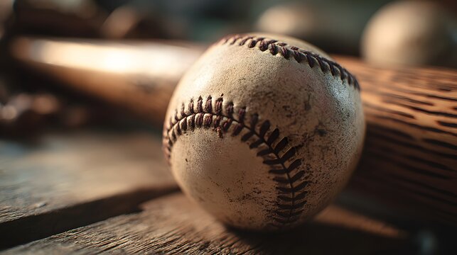 Weathered baseball resting beside bat on wooden surface.

