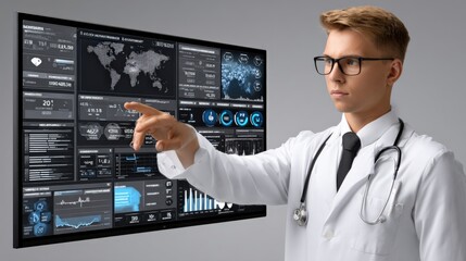 Medical professional doctor wea glasses and white coat analyzing digital health data on large screen with charts and graphs in hospital