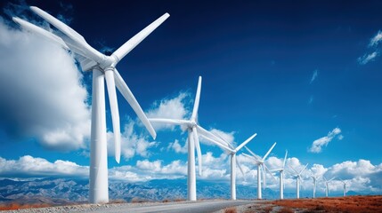 Stunning panoramic view of multiple large white wind turbines with rotating blades in a clear blue sky with fluffy clouds over arid desert landscape for renewable energy generation