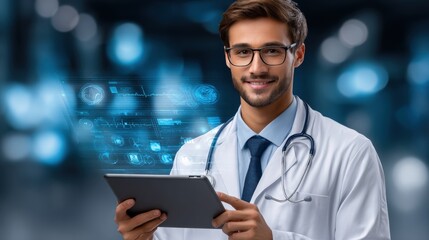Professional male doctor wea glasses and white lab coat holding digital tablet in modern healthcare facility with futuristic digital interface background