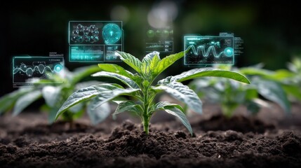Young green plant growing in soil with futuristic holographic digital data overlays and analytics technology for agriculture and innovation