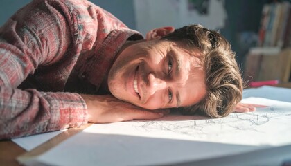 Man Reflects, Project Complete, Smiles.