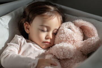 Peaceful Sleeping Girl with Closed Eyes in Bed Holding Soft Pink Plush Bunny Teddy Bear in Cozy Nursery Room