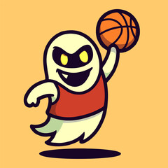 A funky ghost in a sporty jersey performs a slam dunk mid-air with glowing eyes and a mischievous grin, set against a simple colored background.