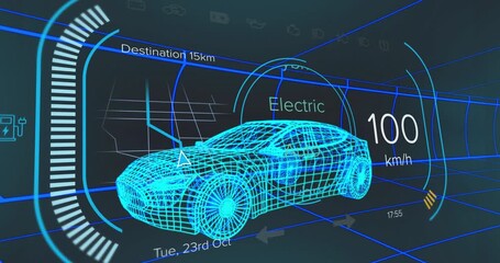 HUD launching with 3D wireframe car model shifting drive modes and adjusting speed for route update - Powered by Adobe