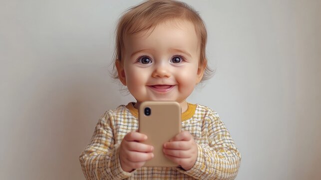 Adorable smiling toddler girl with big eyes holding a smartphone and looking at the camera, cute children using digital device indoors
