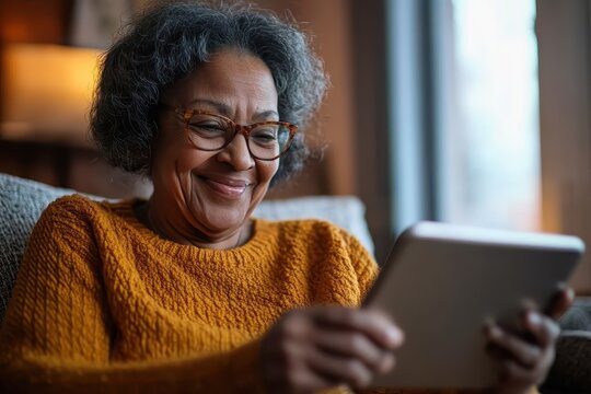 A senior African American woman with a warm smile, confidently using a tablet to video call her grandchild from her brightly lit living room