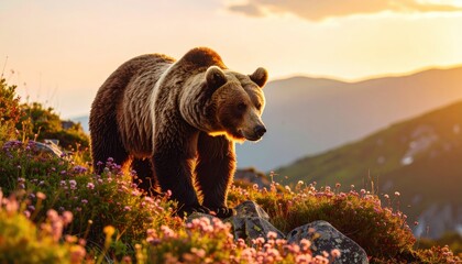 A large bear climbs a rocky hillside among wildflowers at sunset in a majestic natural scene with mountains glowing in the distance.