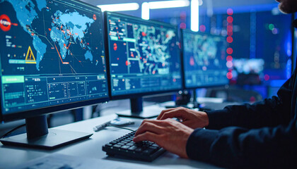 Cybersecurity Professional at Work: A skilled individual, engrossed in the world of cybersecurity, expertly maneuvers through a complex digital interface on multiple screens.