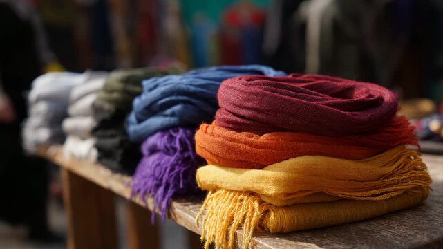 A beautiful display of colorful scarves arranged neatly, showcasing various textures and hues, perfect for fashion lovers and those seeking unique accessories.