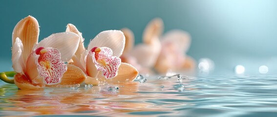 Plakat Beautiful delicate orchids floating on calm water with soft light reflecting and creating a peaceful tranquil spa or relaxation scene
